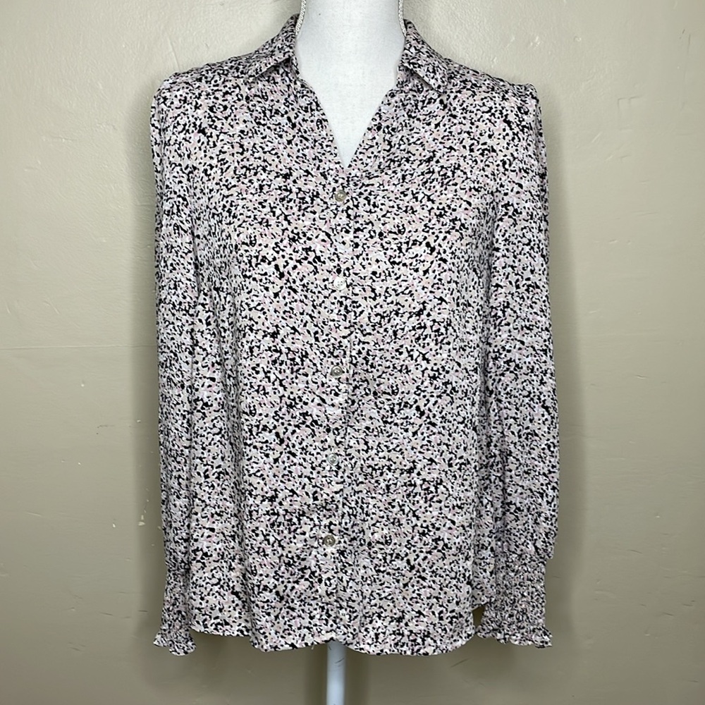 OPHELIA ROE Blouse Pink & Black Button Front Smocked Cuffs Corporate Wear Small